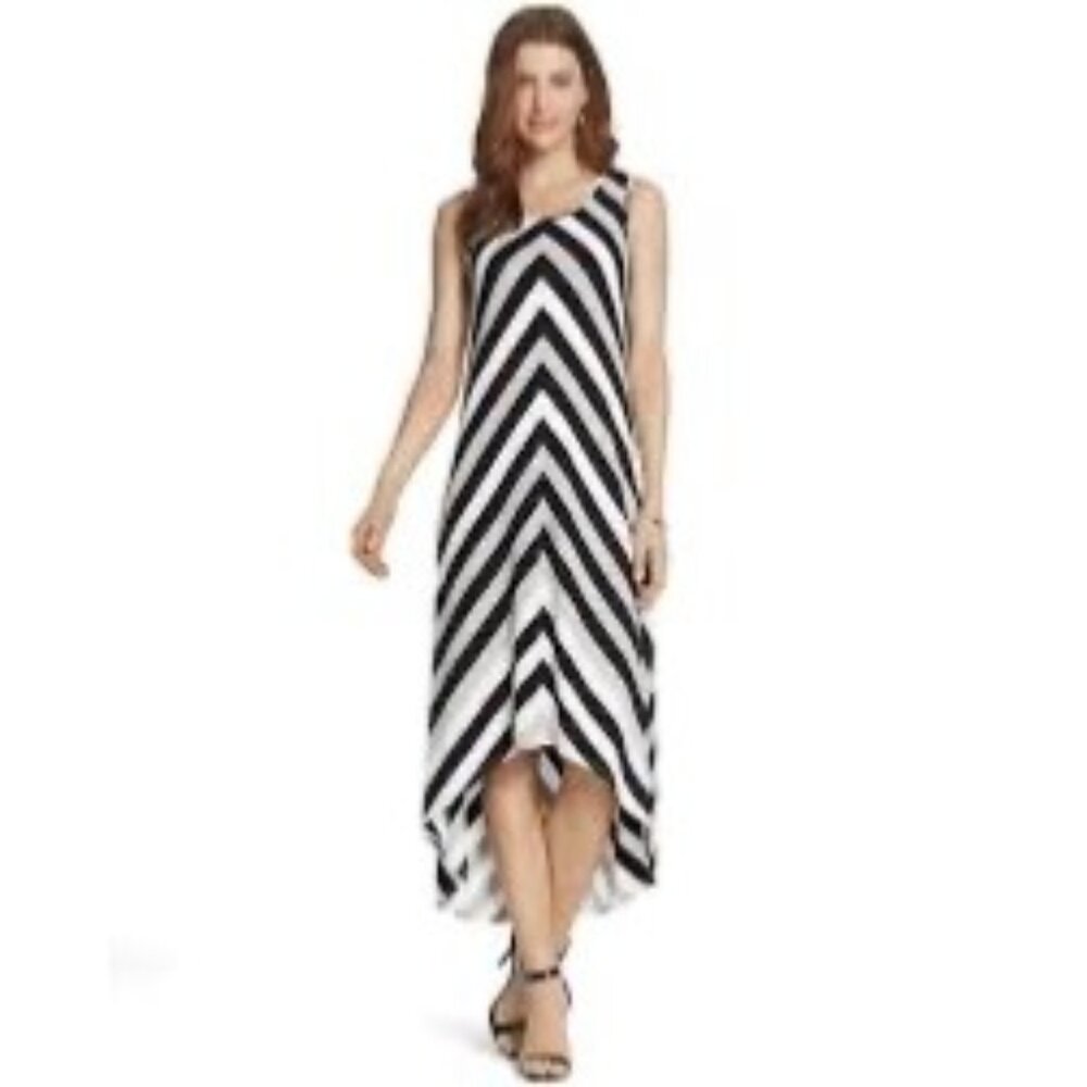Chico's Size 1 = Medium/8 Mitered Stripe High-Low Maxi Dress Spring Summer